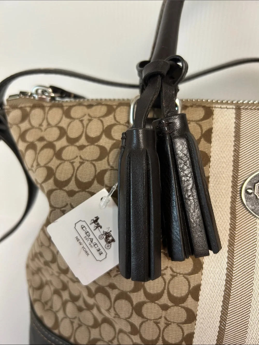Coach NWT M1320-29622E Retired Striped East/West Satchel Leather Trim Bag